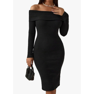 Summer Women's Casual Dress Solid Color Off Shoulder Long Sleeve Dress, S