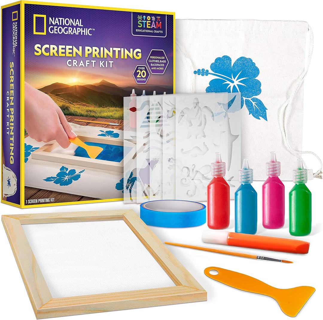 NATIONAL GEOGRAPHIC Kids Screen Printing Kit - Arts and Crafts Silk Screen Printing Kit with Fabric Paint, Frame, Stencils & Squeegee Plus Drawstring Bag & More, Screen Print, Silkscreening Kit
