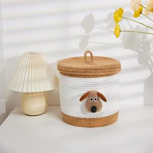 Bellar Small Dog Toy Basket with Lid, Small Woven Storage Basket for Dog Toys & Baby Laundry, Cute Animal Decorative Organizer for Living Room, 10x10 Brown & White (Medium)