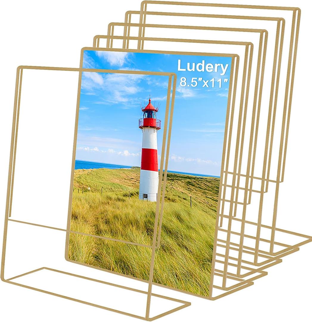 Gold Picture Frames 8.5x11, Clear Frameless Picture Frames, 6 Pack Acrylic Self Standing Photo Frames for Wedding Table Numbers, Restaurant Signs, Photos and Art Display