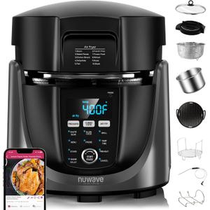 Nuwave Duet Electric Pressure Cooker & Air Fryer Combo, 450 IN 1 Slow Cooker & Grill with Integrated Digital Temp Probe, 6qt SS Pot, Adjustable High/Low Pressure, Built-in Sure-Lock Safety Tech