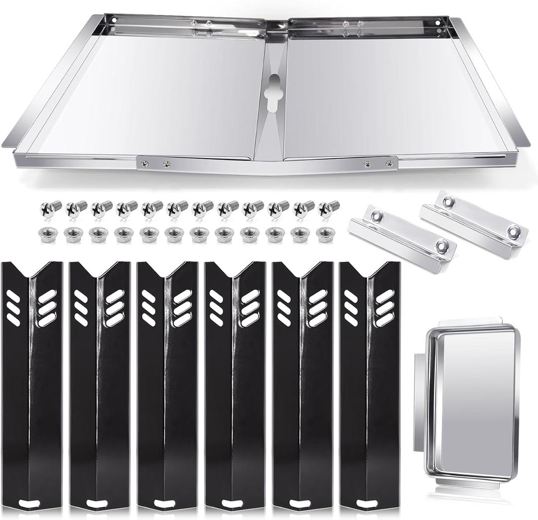 Hiorucet Grill Grease Tray Replacement Parts for Dyna Glo DGB610SSP, Adjustable 30''-36'' Gas Grill Drip Pan with Catch Pan, Heat Plate Shields for Dyna Glo 6 Burner Grill Parts.