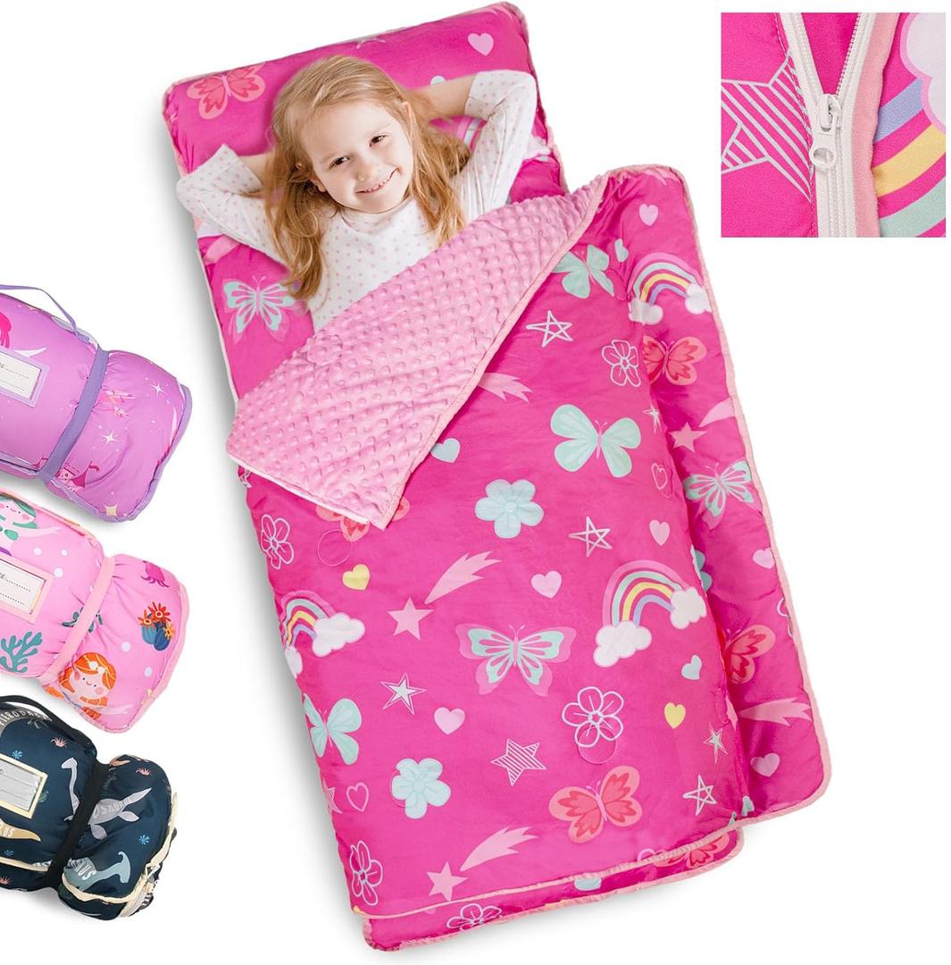 Primlect Toddler Nap Mat Extra Large Thickened 55''x35'', Soft Sleeping Bag with Detachable Minky Blanket and Pillow, Portable for Daycare, Preschool, Kindergarten, Travel, Boys and Girls (Rose Red Rainbow)