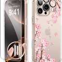 GVIEWIN for iPhone 16 Pro Max Case, with Screen Protector & Camera Lens Protector, Floral Shockproof Protective Bumper Slim Clear Phone Cover for Women 2024 6.9", Sakura/Pink