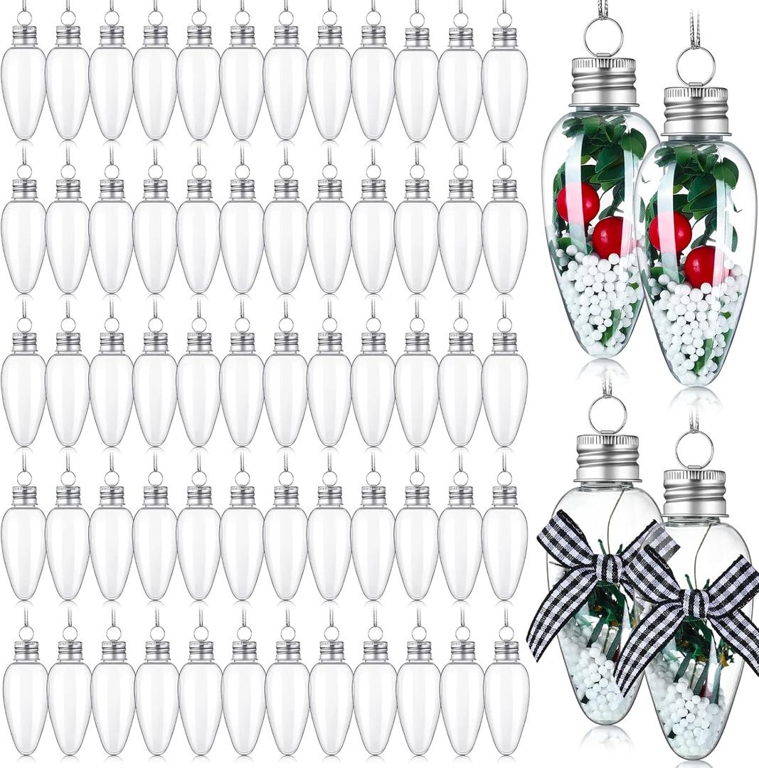 Nuogo 150 Pcs Christmas Fillable Light Bulbs 3.15inch Fillable Ornaments Bulk Plastic Light Bulb Jars with 5 Rolls Silver Rope for Christmas Tree Candy DIY Crafts Xmas Party Decor(Clear)