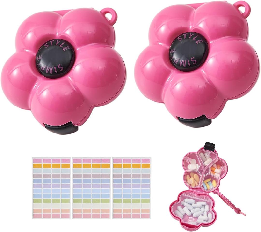 2 Pack Small Pill Organizer Travel Pill Case for Purse, 6 Compartment Pill Box with Stickers, Floral Smiley Weekly & Daily Vitamin Medication Organizer(Hot Pink)