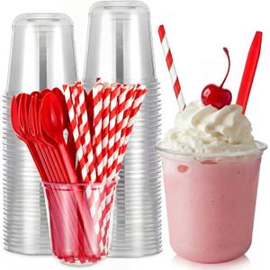 Baderke 50 Set Root Beer Float Cups with Red Plastic Soda Spoons and Paper Straws Plastic Parfait Cups Disposable Stemless Glasses for Milkshake Ice Cream Cocktail Yogurt Party Drinks (12oz)