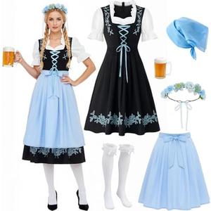 Mepase 5 Pcs Womens Oktoberfest Costume, Blue Dirndl Dress Headpieces Scarf Beer Mug Stocking German Oktoberfest Outfits Size L
