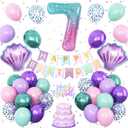 7th Mermaid Birthday Decoration,Metallic Purple Pink Green Blue Latex Balloons for Girls Party Decoration Number 7 Seashell Foil Balloons Banner Cake Topper Mermaid Sea Decorations