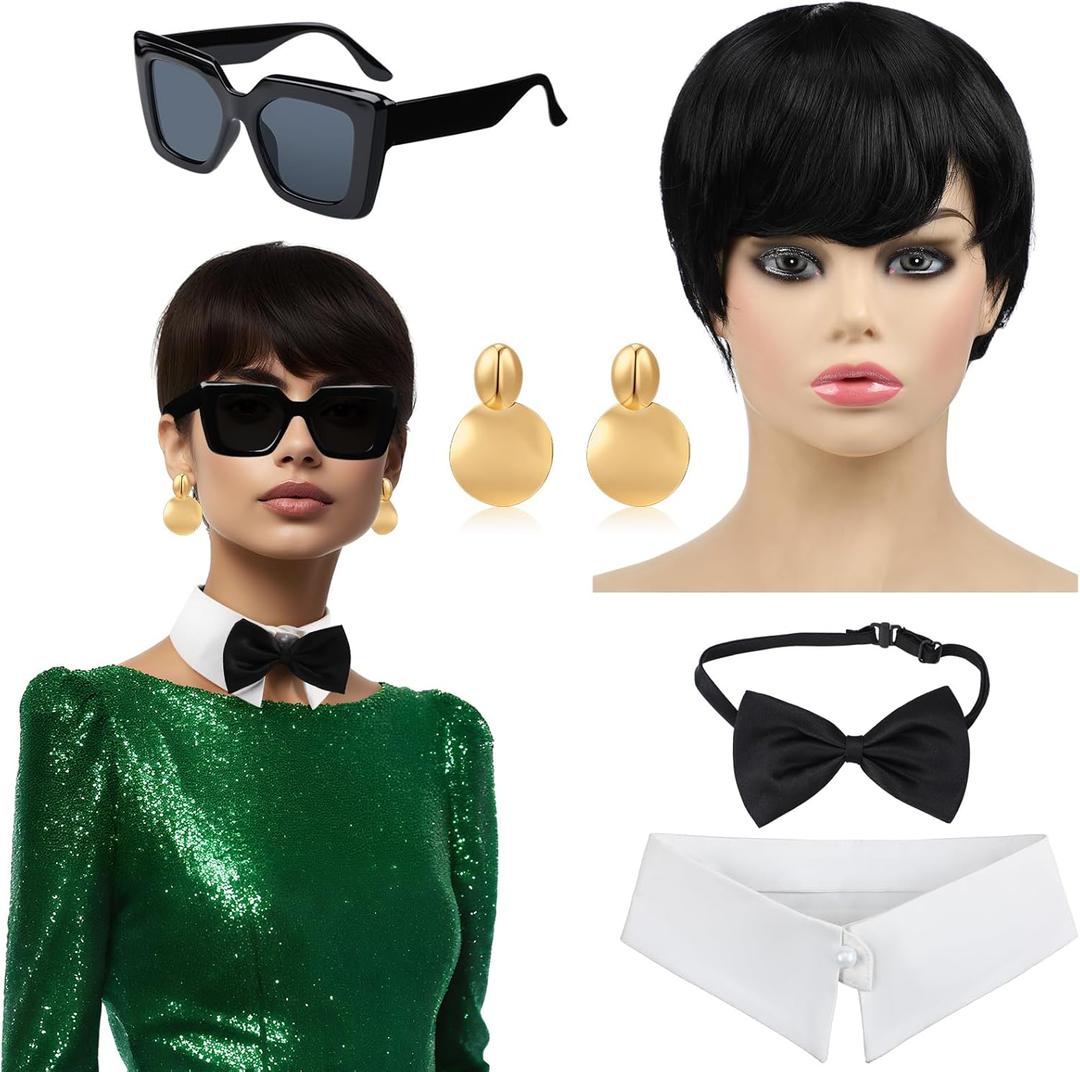 5 Pcs Halloween Social Media Star Costume Accessories Include Wig Sunglasses Fake Collar Bow Tie and Earrings Famous Mom Personality Outfit for Mom Women Cosplay Party