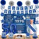 Crenics Blue 50th Birthday Decorations for Men Women - Back in 1976 Backdrop, Banner, Swirls, Centerpieces, Sash, Paper Pom Poms, Cake Topper and Balloons for 50 Birthday Party Supplies