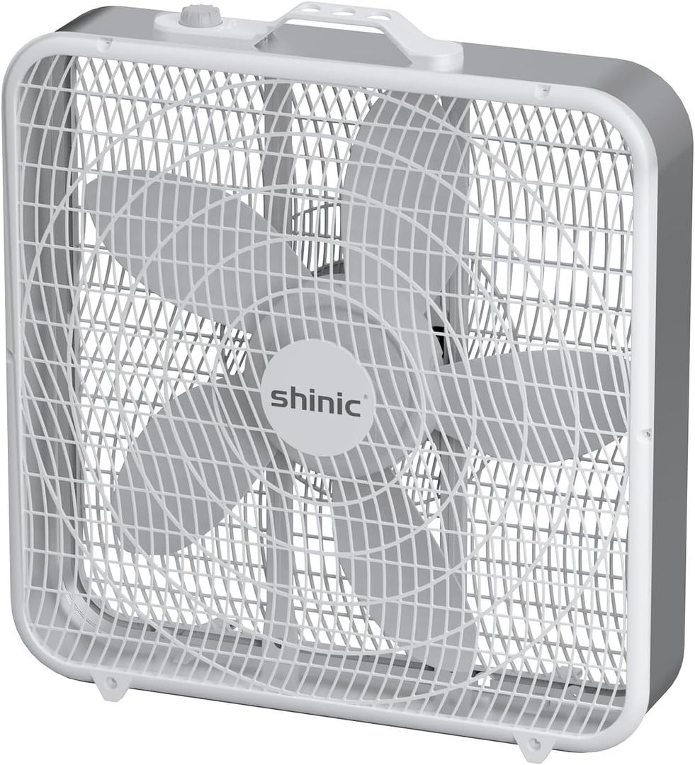 Shinic 20 Inch Box Fan, 3-Speed Cooling Fan for Air Circulation, Easy Carry Handle and Safety Grills, Indoor Use Home Garage and Workshop, White (1)