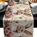 Spring Bunny Table Runner 90 Inches Long - Vintage Easter Rabbits Pink Rose Flower Kitchen Dining Burlap Linen Tablerunner for Small/Round/Square/Wedding/Coffee/Dining Table Party Home Dcor (Light Brown Rose Red Reddish Brown Khaki)