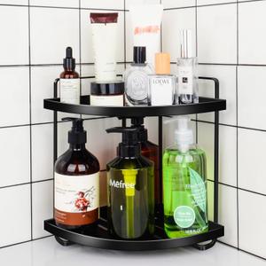 2 Tier Metal Bathroom Counter Organizer, Corner Makeup Organizer, Countertop Shelf for Small Space (Black)