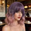 BUFASHION 14" Women Short Wavy Curly Wig Purple Light Pink Bob Cosplay Halloween Synthetic Wigs With Neat Bang With Free Wig Cap (Purple Light Pink)
