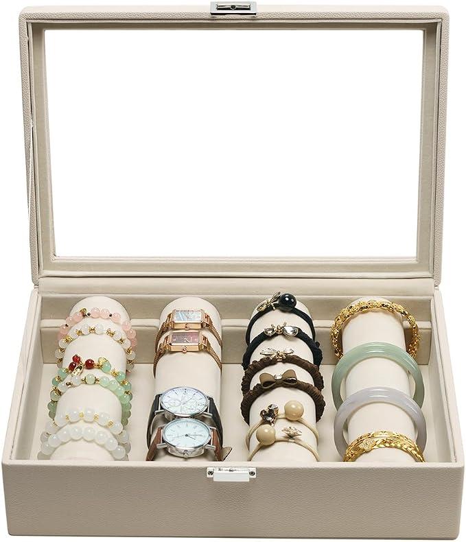 XHMQYC Bracelets Organizer Rods Bangles Display Holder, Clear See through Lid Leather Velvet Jewelry Storage Box Case for Women, 4 Rods Apricot Leather