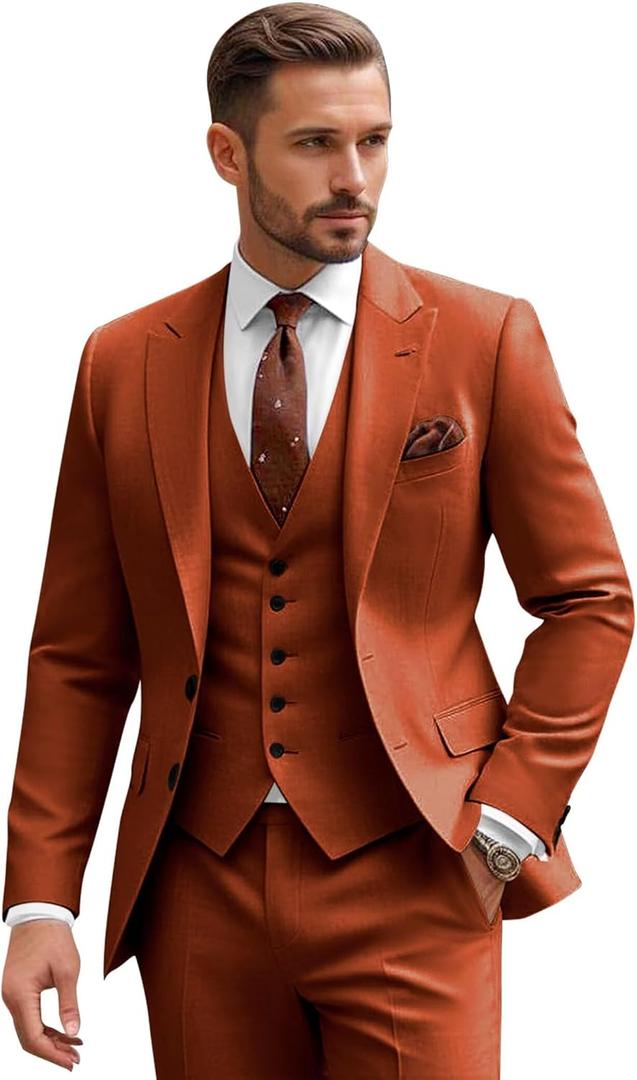 3 Piece Suit for Men Slim Fit Men's Suit Wedding Suits Single Breasted Suits Blazer Vest Pants Set Business Prom (Medium, Burnt Orange)