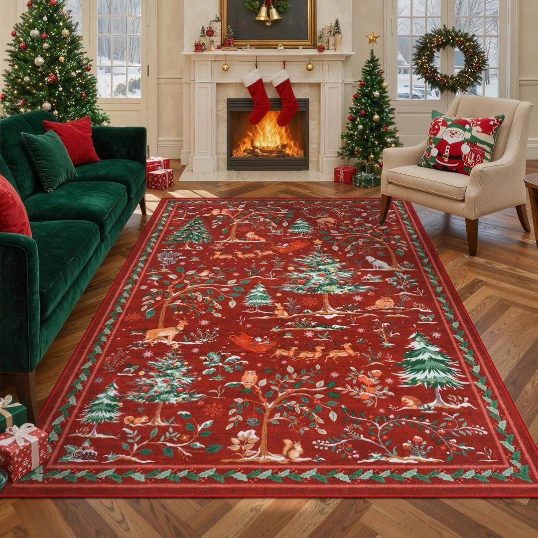 LIVEBOX Christmas 5x7 Area Rug for Living Room Red Clearance, Washable Rugs for Bedroom Nursery Room, Soft Low Pile Non Slip, Christmas Tree Santa Claus Print Holiday Carpet Home Decor (Red 5'x7')