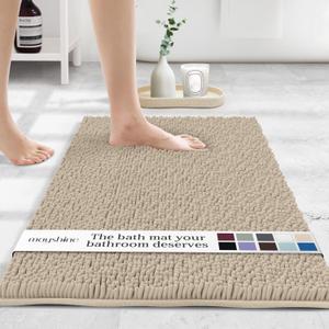 MAYSHINE Plush Shaggy Chenille Bath Mat | Extra Soft, Super Absorbent, Non-Slip Bathroom Rug | Fluffy Microfiber, Area Rug Sets for Bathroom Floor, Kitchen, Living Room | 24"x17" | Beige