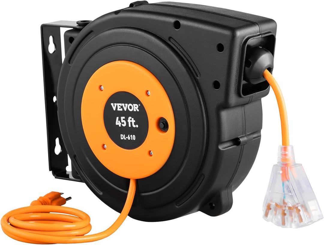 VEVOR Retractable Extension Cord Reel, 45 FT, Heavy Duty 12AWG/3C SJTOW Power Cord, with Lighted Triple Tap Outlet, 15 Amp Circuit Breaker, 180 Swivel Bracket for Ceiling or Wall Mount