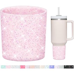 WUQID Glitter Higher Silicone Boot Compatible with Stanley Quencher H2.0 40oz 30oz 20oz & IceFlow Flip 30oz 20oz, Tumbler Cups Anti-Slip Bottom Sleeve Cover (Translucence Pale Pink)