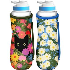 Toykee Water Bottle Sleeve for Cirkul 22 oz - 2 Pack Bottles Cover Holder Carrier Bag with Side Handle (Colors Flower Cat)