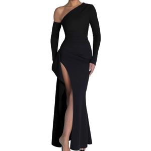 Memoriesea Women's One Shoulder Long Sleeve Sexy High Slit Wedding Guest Party Maxi Dress (Medium, Black)