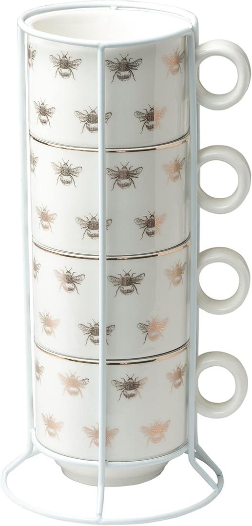 Stackable Porcelain Coffee Tea Mug 10-Ounce Set of 4 With Metal Stand (Gold Bees)