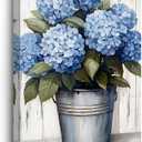 BJYCHG Blue Hydrangea Picture Wall Art Bathroom Decor Hydrangea Canvas Rustic Floral Poster Prints Flowers in Vase Painting Farmhouse Decor Framed (Teal, 36L x 24W)