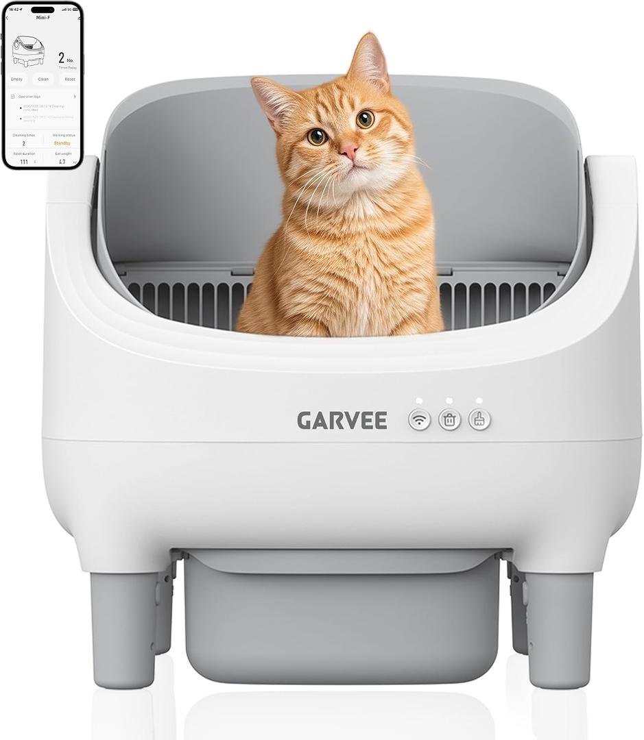 Automatic Cat Litter Box Self Cleaning, App Control, Open-Top Automatic Litter Box with Safety Sensors, Ultra-Quiet, 10.5L Waste Bin with Odor Control, 1 Roll of Garbage Bags, Light Grey | App Control, with Safety Sensors, Ultra-Quiet, 10.5L Waste Bin with Odor Control, 1 Roll of Garbage Bags
