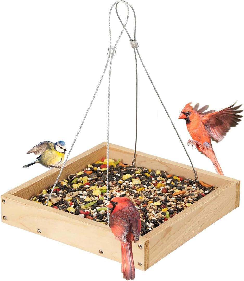 TT Nature Platform Bird Feeder for Outdoor, Eco-Friendly Wood Hanging Tray Bird FeedersDurable and Stable Great for Hanging Wild Birdfeeder Trays in Garden Outside