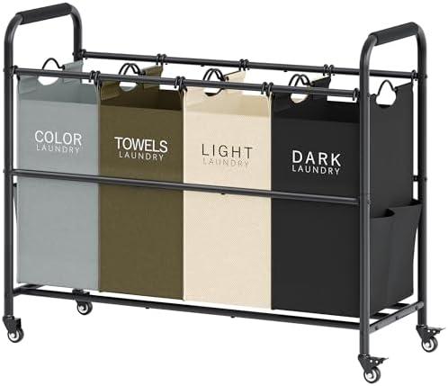 Tajsoon 4 Bag Laundry Sorter Cart, 4 Section Laundry Hamper Sorter with Heavy Duty Lockable Rolling Wheels, Laundry Separator Hamper with Removable Bags for Dirty Clothes Storage, 4 Colors
