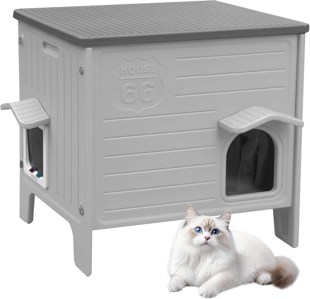 Deblue Outdoor Cat House Weatherpoof Large Plastic Cats Houses with Escape Door Indoor Waterproof Feral/Pet Cat Shelter Outside for Multiple Cats (Grey)