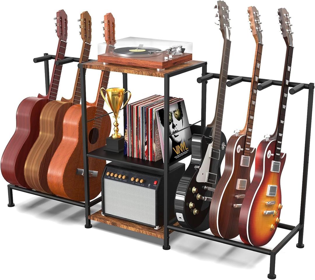 Guitar Stand for Acoustic Multiple Guitars Holder with 3-tier Storage Shelf, Guitars Display Rack Guitar Amp Accessories with Soft-Padded Protect Multi Guitar Stand for Home Studio Music Room (Dark brown)