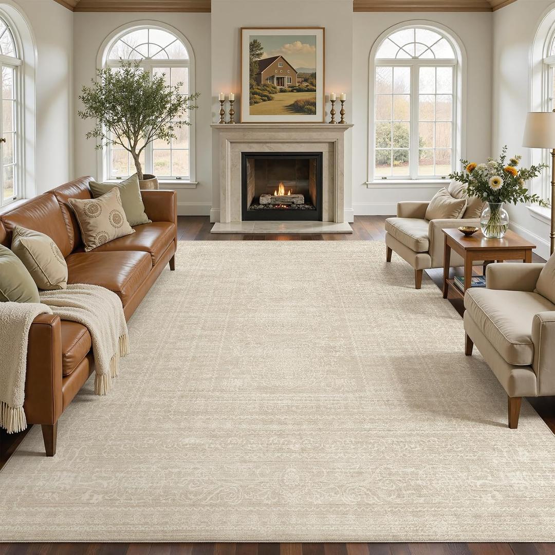 Neutral 12x15 Area Rugs for Living Room Washable, Beige