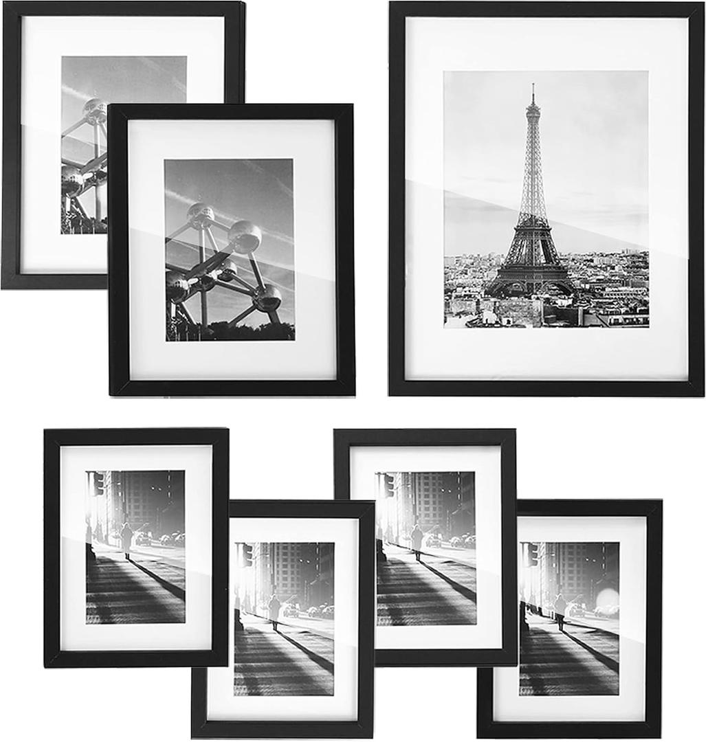 SONGMICS Picture Frames with 7 Mats, Set of 7 Collage Photo Frames, One 11x14, Two 8x10, Four 6x8 Frames, Hanging or Table Display, Glass, Black URPF37BK, 11*14 + 8*10 2 Pack + 6*8 4 Pack