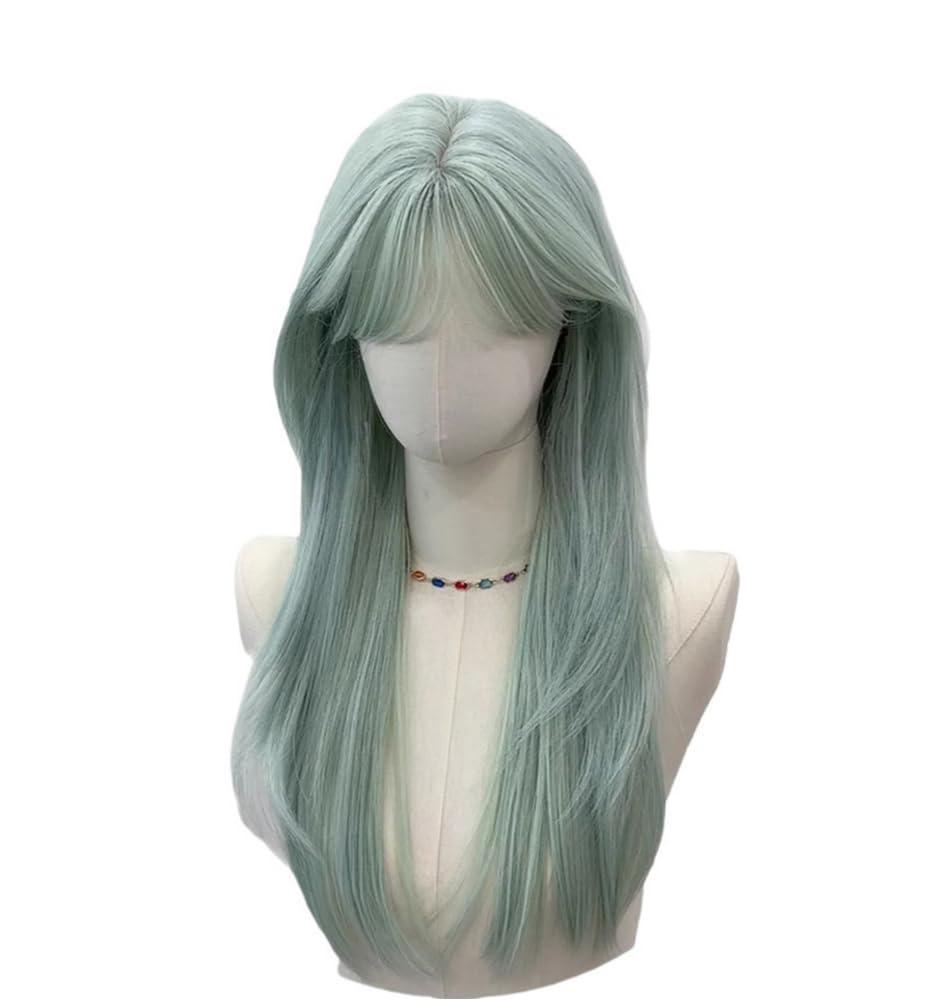 Mint Green Long Straight Wig for Women with Bangs Lolita Synthetic Hair Wig Natural Looking Heat Resistant Wigs for Daily Use