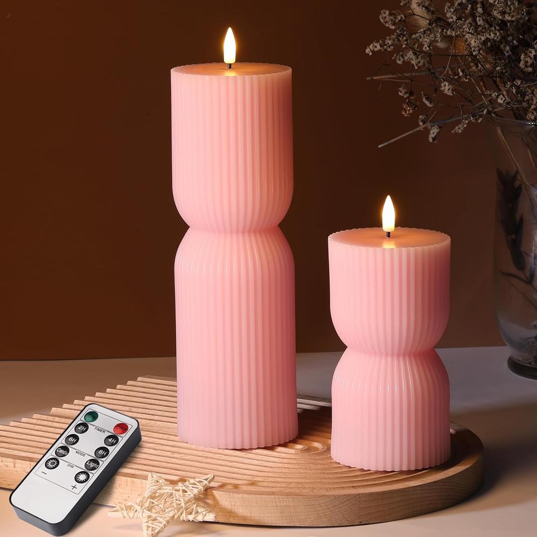 Pink Ribbed Flameless Pillar Candles with Remote, Flickering LED Candles Battery Operated Real Wax Set of 2