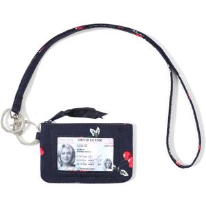 WONDERFUL FLOWER Lanyard Wallet for Women, ID Card Holder, Lanyards for ID Badges, Floral Zip ID Case Keychain Small Coin Purse for Cards, Cash, Work, Travel, Cruise, Teachers, Students, Kids, Navy (Cherry Charm)