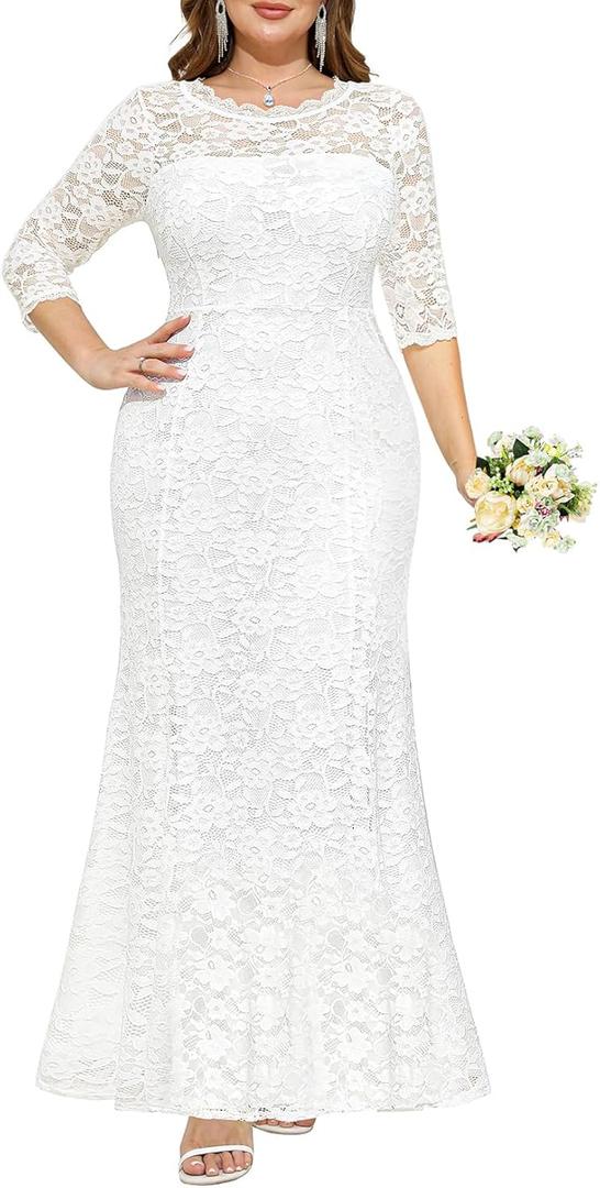 Pinup Fashion Plus Size Wedding Dress for Bride - Formal Evening Gown Party Lace Mermaid Dresses ( SIZE 18W, WHITE )