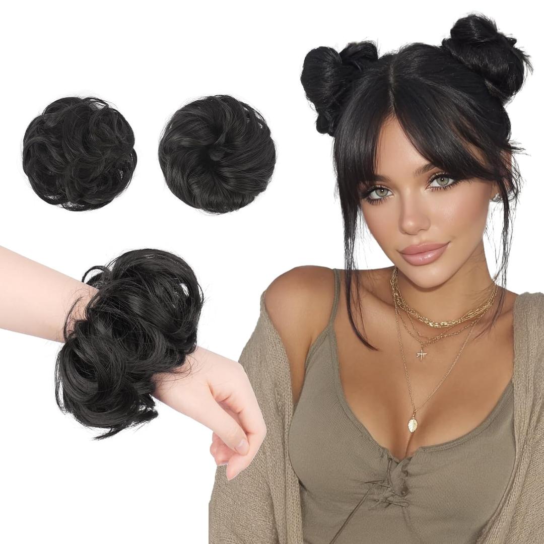 FESHFEN 2PCs Small Messy Bun Hair Piece for Thin Hair Women Girl Mini Synthetic Elastic Wavy Space-bun Scrunchies Updo Hairpieces, Natural Black