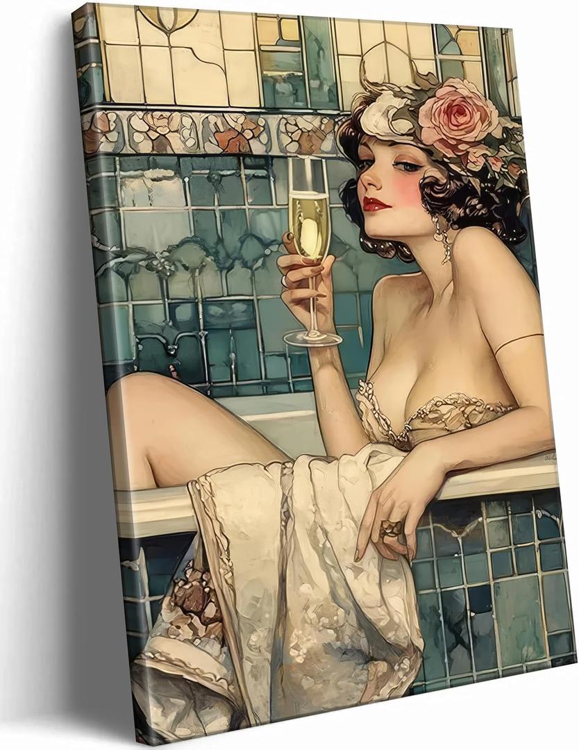 WWN Vintage Bathroom Canvas Wall Art Victorian Funky Woman in Bathtub Picture Wall Decor Trendy Champagne Bar Cart Decor Painting Poster Print for Bathroom Toilet Bar Home Decor,12x16in Wrapped Canvas (12L''x16W'')