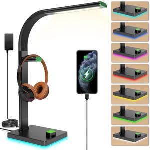 LED Desk Lamp with Eye-Caring Light, USB Ports, 7 Color Modes, Flexible Gooseneck & Headphone Stand for Home Office, Bedroom, and Study (Black Green)