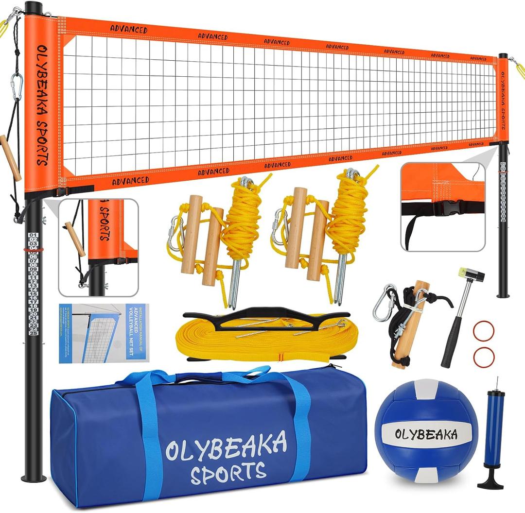Professional Outdoor Volleyball Net Set for Backyard Beach with 1.7" Aluminum Poles, 45-ply HDPE Net, PU Volleyball and Pump, Boundary Line, Large Carry Bag - Anti-sag & Easy Setup, 32ft