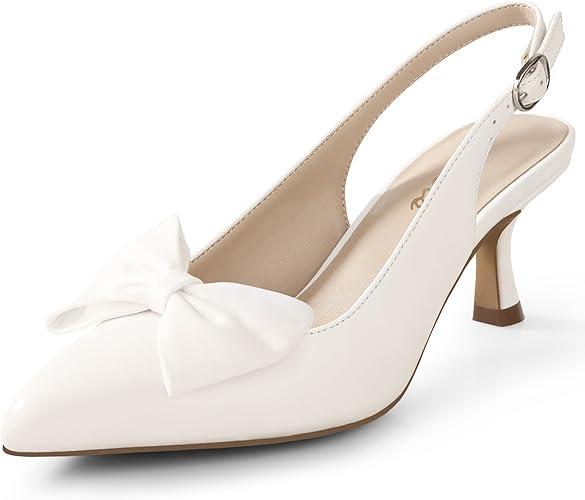 Ankis White Elegant Slingback Heels for Women, Pointed Toe Dress Sandals with Cute Bow Detail, Comfortable Party Shoes 10