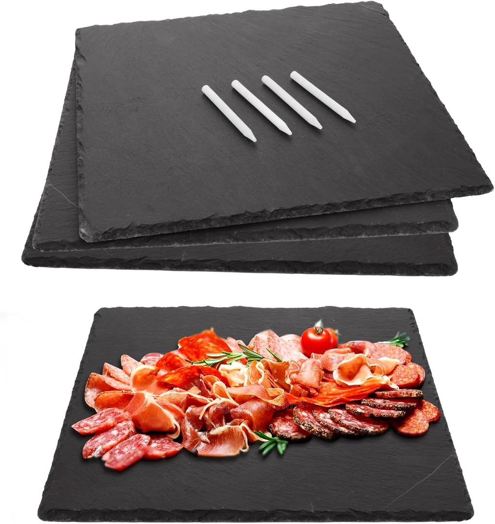 4 Pcs Slate Cheese Boards 11 x 11 Inch Square Charcuterie Boards Natural Slate Stone Plate Tray with Soapstone Chalk, Gourmet Serving Platter for Meats, Fruits, Parties, Appetizers