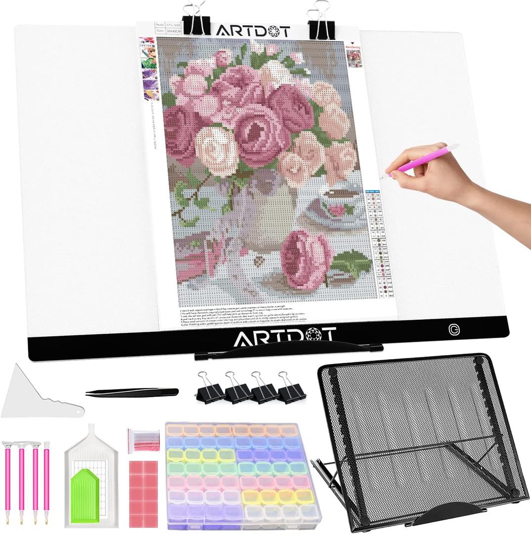 ARTDOT A2 LED Light Pad for Diamond Painting USB Powered Light Board Kit, Adjustable Brightness with 12 Angles Stand and Clips