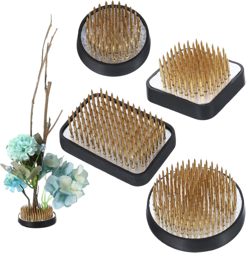 4/Set Flower Frog Japanese Ikebana Flower Arrangement Kenzan Kit, 2.4Round Floral Frog Moribana+1.6Square Ikebana Kenzan+2.1x1.4Rectangle Pin Frog+1.4Round