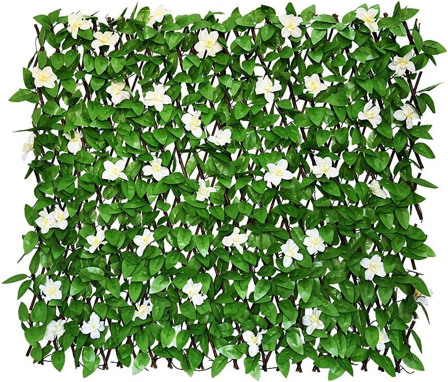 Sumery Expandable Fence Privacy Screen for Balcony Patio Outdoor,Decorative Faux Ivy Fencing Panel,Artificial Hedges (Single Sided Leaves) (4, White Flowers)