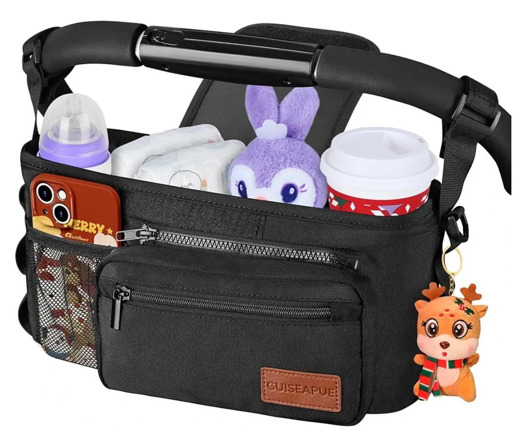 Guiseapue Universal Stroller Organizer with Cup Holder: Stroller Caddy Accessories with Detachable Phone Bag Fit for Uppababy, Non-Slip Straps, Walker Accessories, First Mothers Day Gifts for New Mom